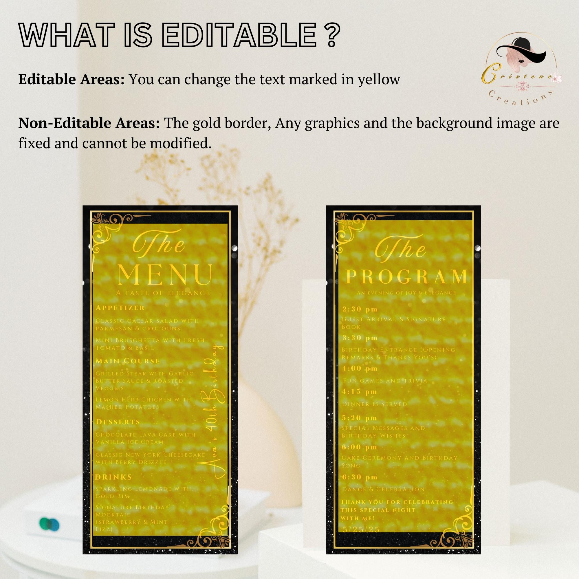 Editable Menu and Program Template Black gold Birthday party menu Retirement Program party Dinner menu Bachelorrete Program cards Printable