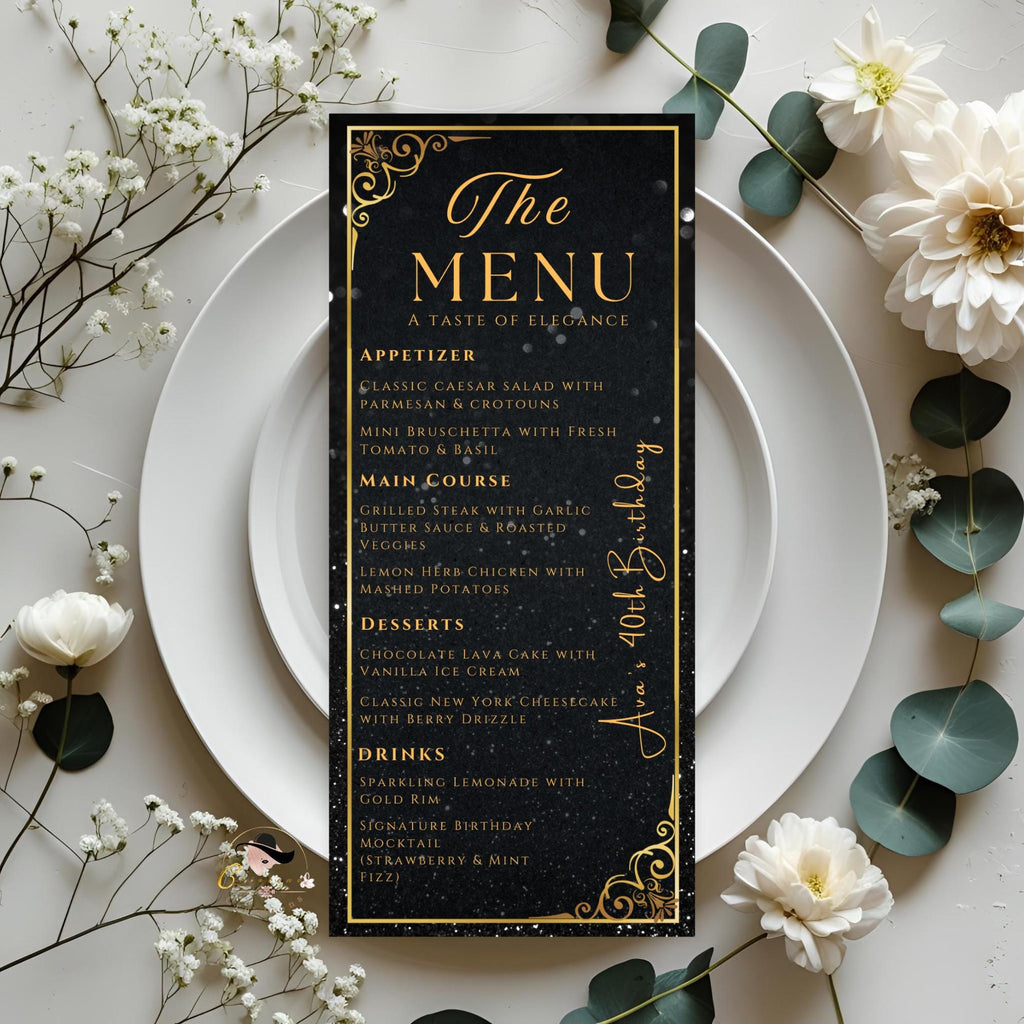 Editable Menu and Program Template Black gold Birthday party menu Retirement Program party Dinner menu Bachelorrete Program cards Printable