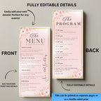 Menu and Program template Rose gold Pink Bridal shower menu Baby shower Program party Birthday Dinner menu card Printable Floral Menu design