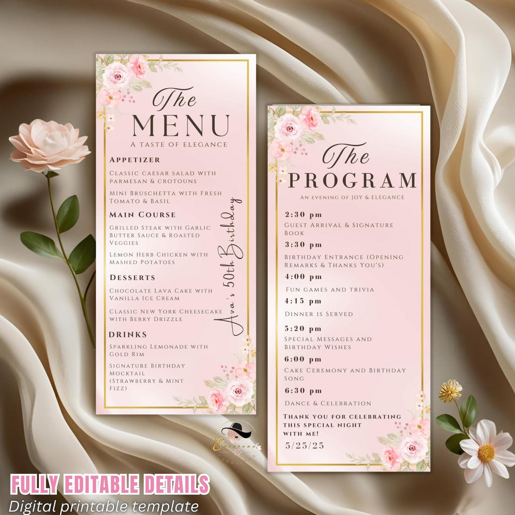 Menu and Program template Rose gold Pink Bridal shower menu Baby shower Program party Birthday Dinner menu card Printable Floral Menu design