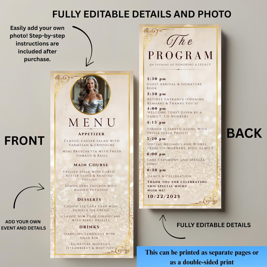 White gold Menu and Program template with photo Retirement party menu Birthday dinner program card printable Wedding Anniversary Menu Canva