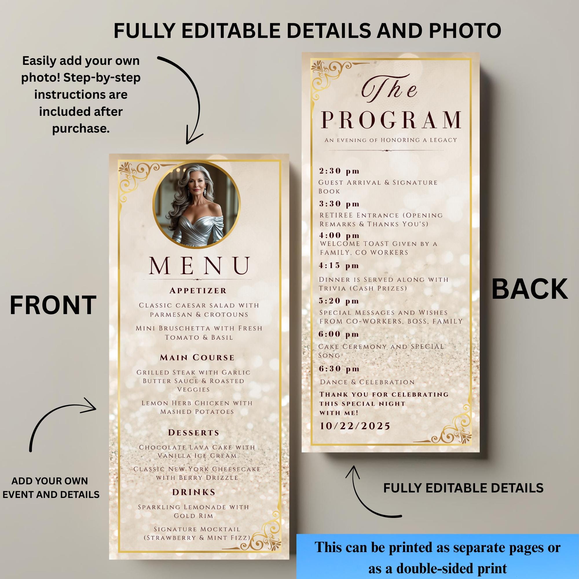 White gold Menu and Program template with photo Retirement party menu Birthday dinner program card printable Wedding Anniversary Menu Canva