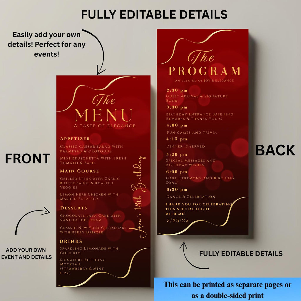 Menu and Program Template Red gold Birthday Dinner menu cards printable Wedding party menu Elegant Event Program schedule Retirement program