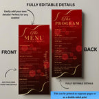 Menu and Program Template Red gold Birthday Dinner menu cards printable Wedding party menu Elegant Event Program schedule Retirement program