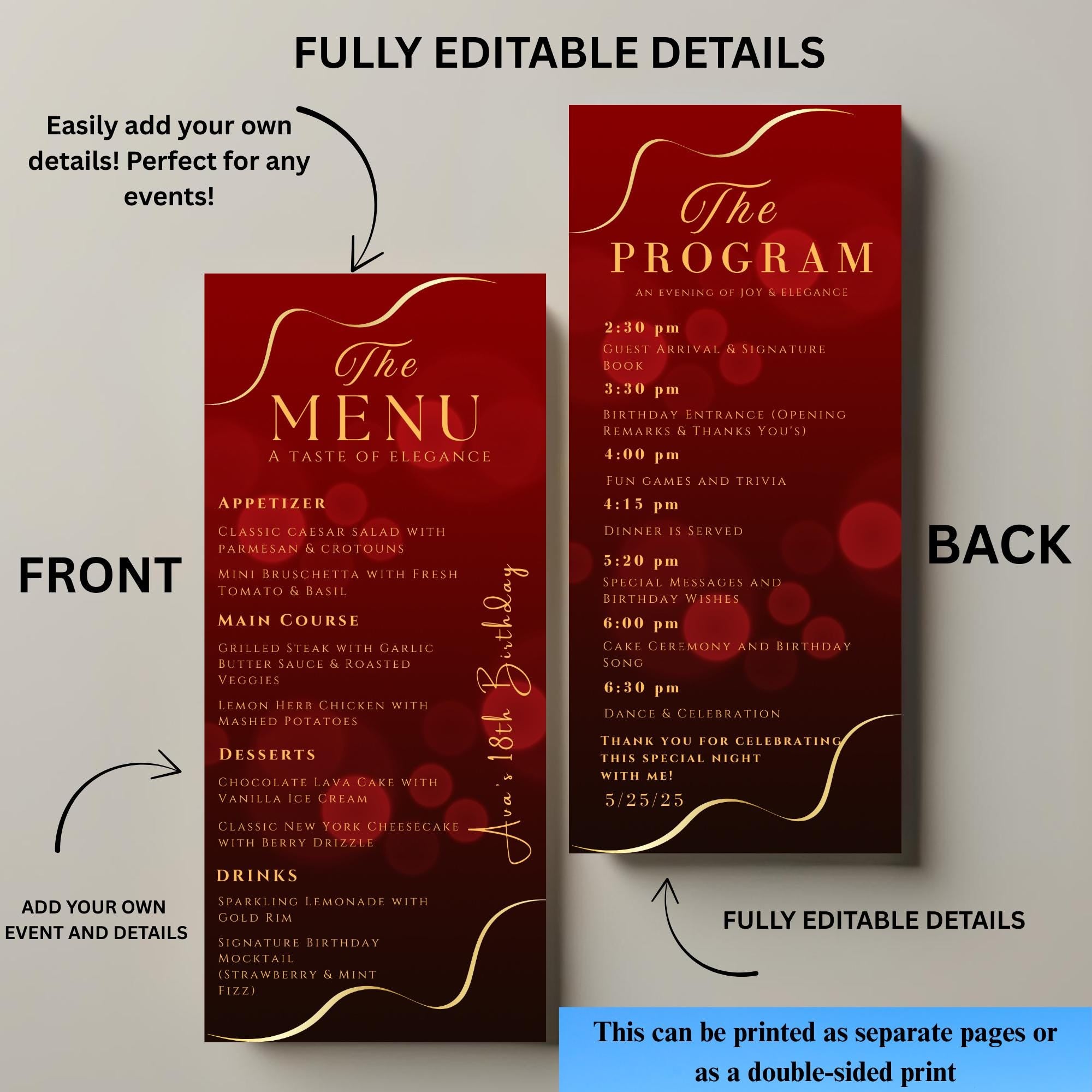 Menu and Program Template Red gold Birthday Dinner menu cards printable Wedding party menu Elegant Event Program schedule Retirement program