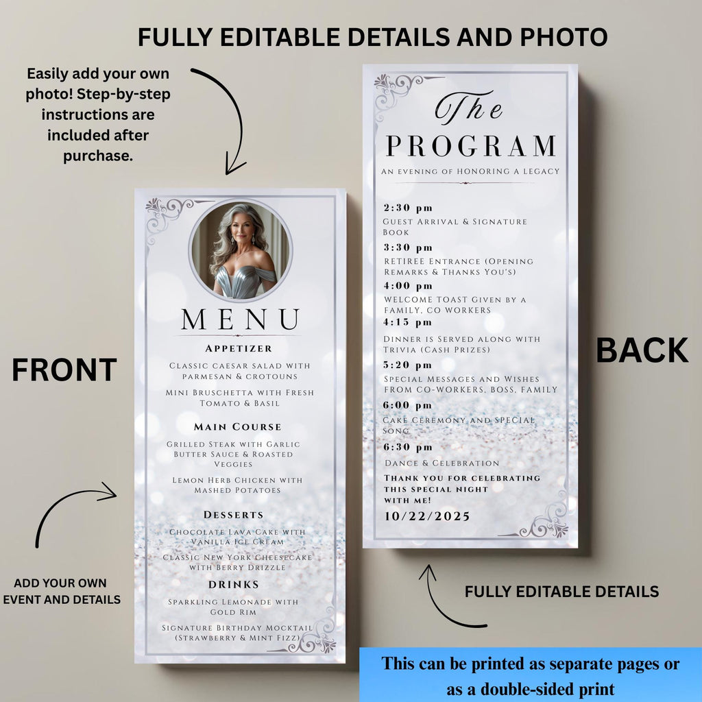 Editable Menu and Program Template with photo, White silver Wedding Anniversary Menu cards, Printable Birthday party Menu, Order of events template