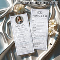 Editable Menu and Program Template with photo, White silver Wedding Anniversary Menu cards, Printable Birthday party Menu, Order of events template