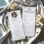 Editable Menu and Program Template with photo, White silver Wedding Anniversary Menu cards, Printable Birthday party Menu, Order of events template