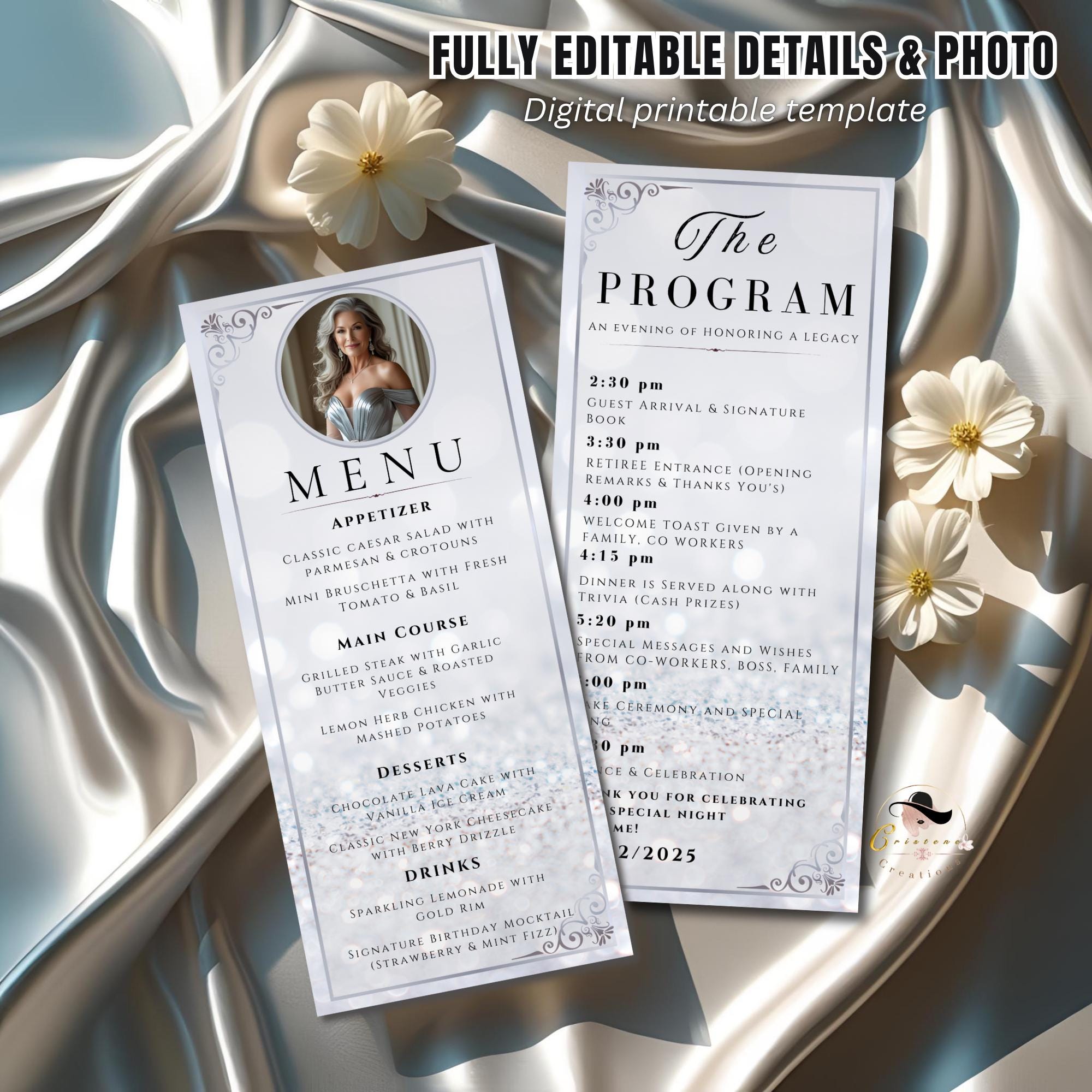 Editable Menu and Program Template with photo, White silver Wedding Anniversary Menu cards, Printable Birthday party Menu, Order of events template