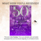 Digital 50th Birthday invitation Purple silver 50th birthday Dinner Party invite 50 and fabulous card printable fifty birthday template