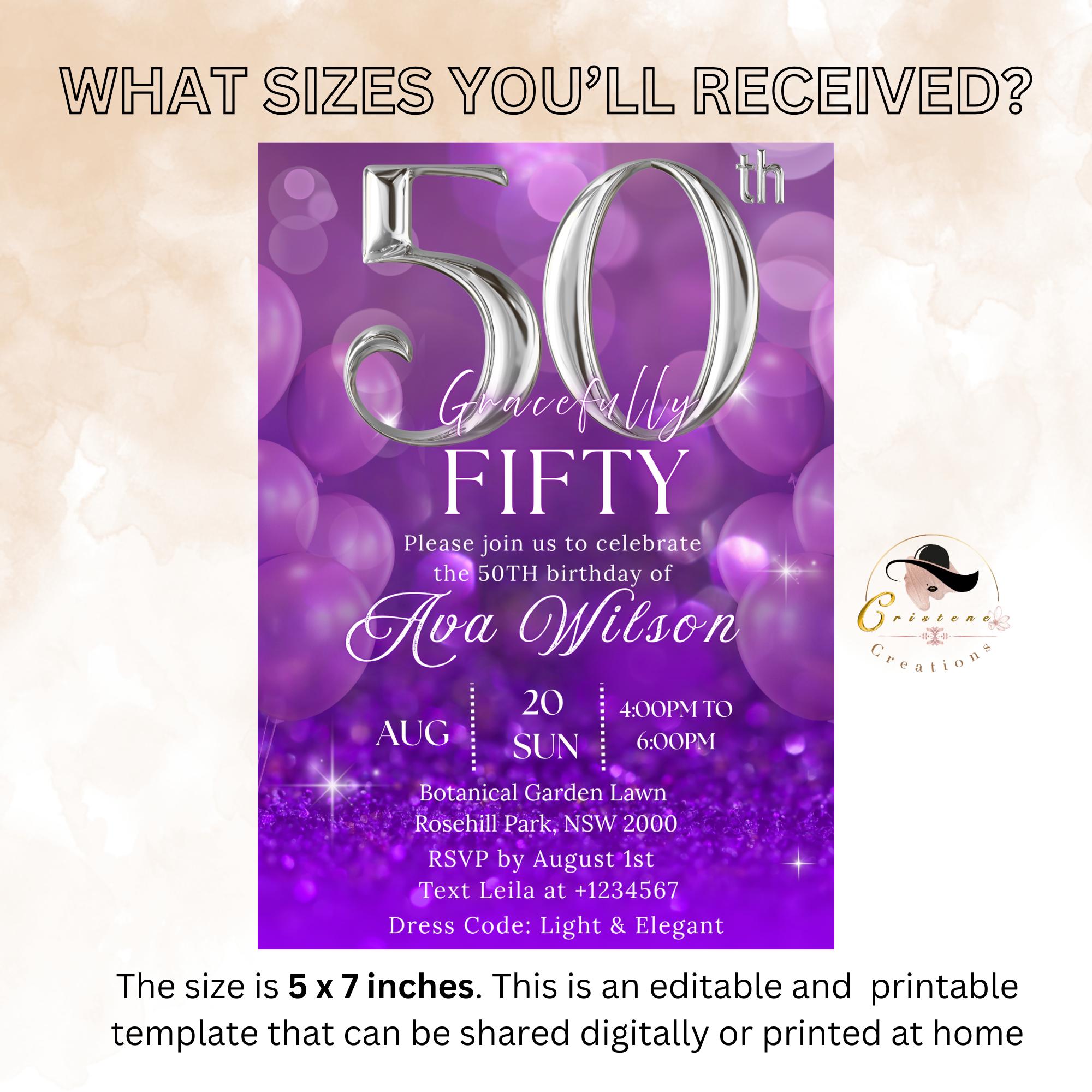 Digital 50th Birthday invitation Purple silver 50th birthday Dinner Party invite 50 and fabulous card printable fifty birthday template