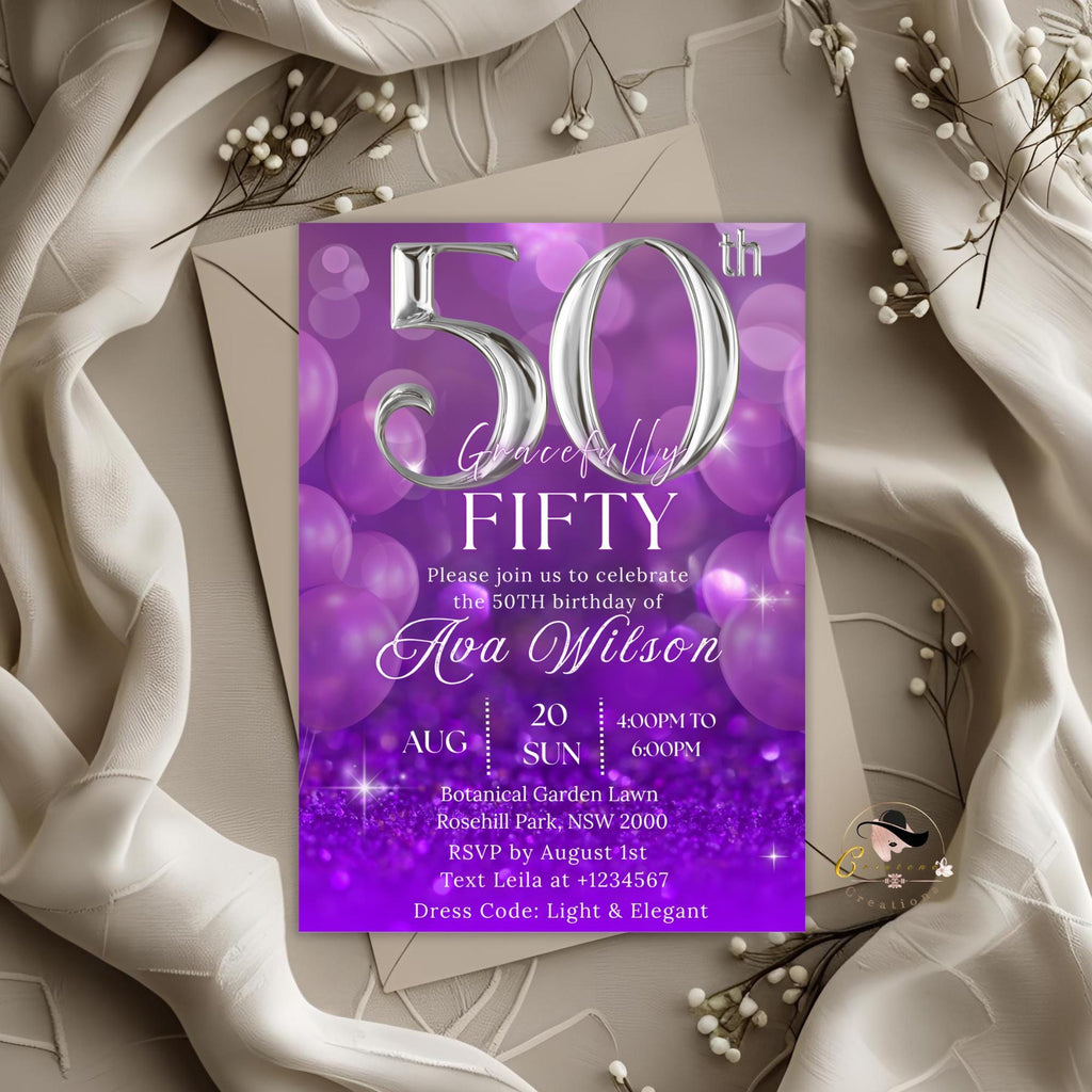 Digital 50th Birthday invitation Purple silver 50th birthday Dinner Party invite 50 and fabulous card printable fifty birthday template