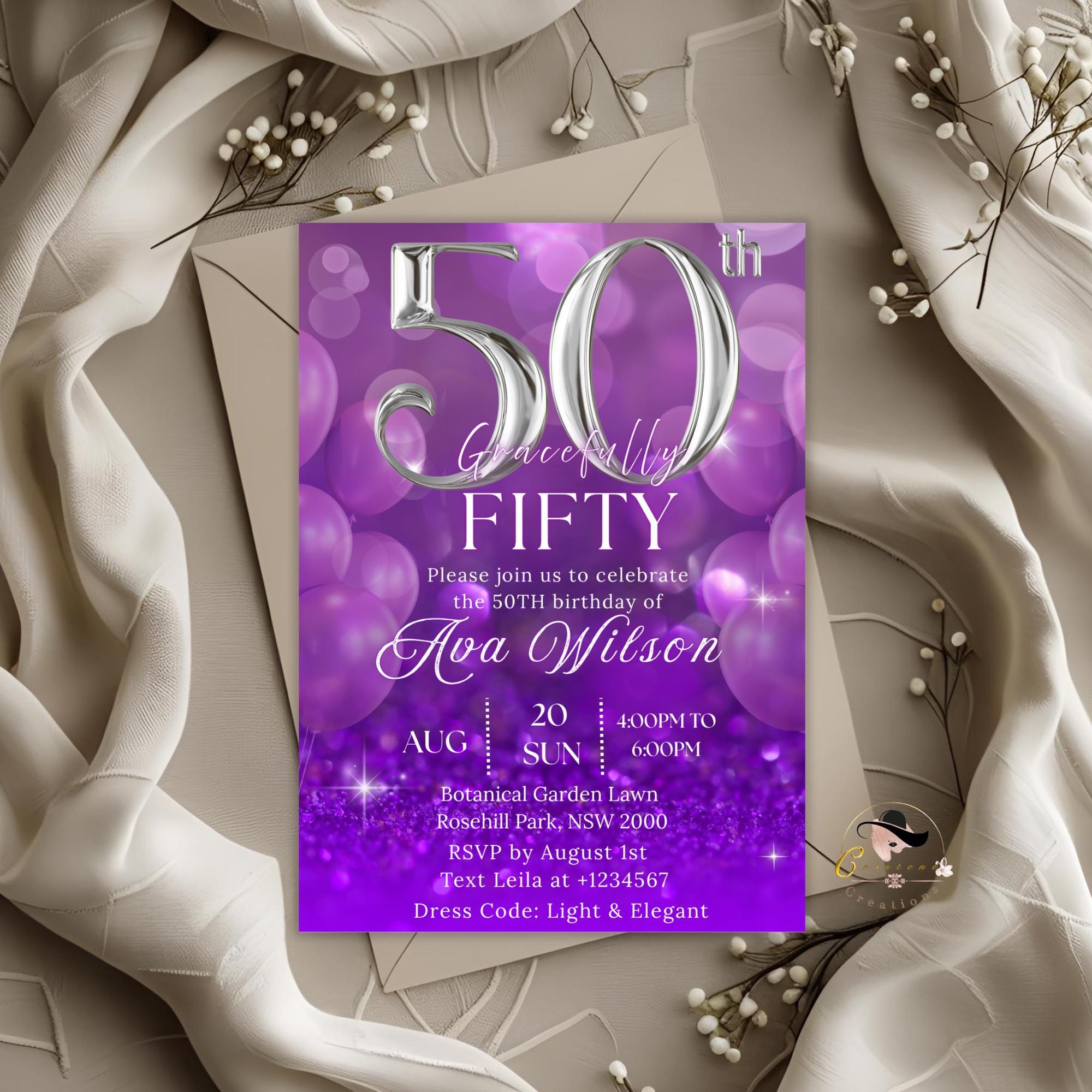 Digital 50th Birthday invitation Purple silver 50th birthday Dinner Party invite 50 and fabulous card printable fifty birthday template