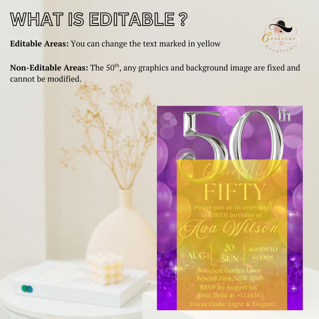 Digital 50th Birthday invitation Purple silver 50th birthday Dinner Party invite 50 and fabulous card printable fifty birthday template