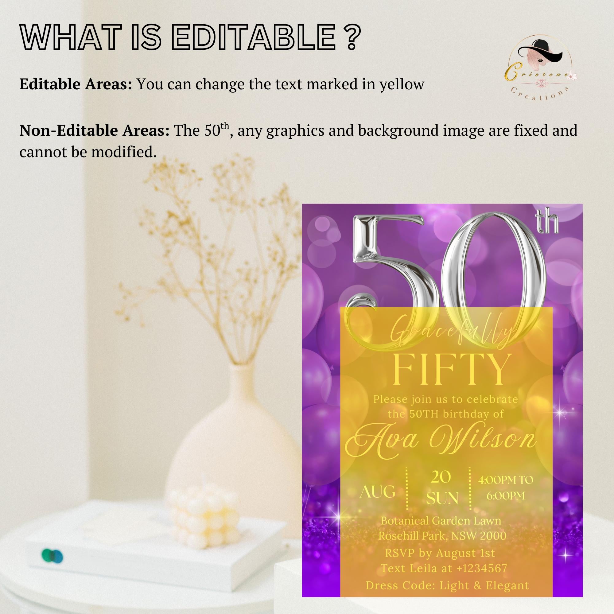 Digital 50th Birthday invitation Purple silver 50th birthday Dinner Party invite 50 and fabulous card printable fifty birthday template