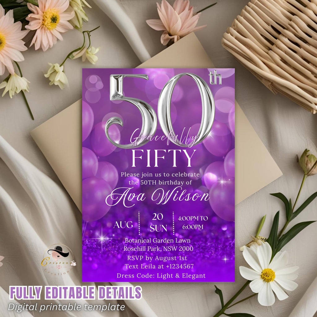 Digital 50th Birthday invitation Purple silver 50th birthday Dinner Party invite 50 and fabulous card printable fifty birthday template