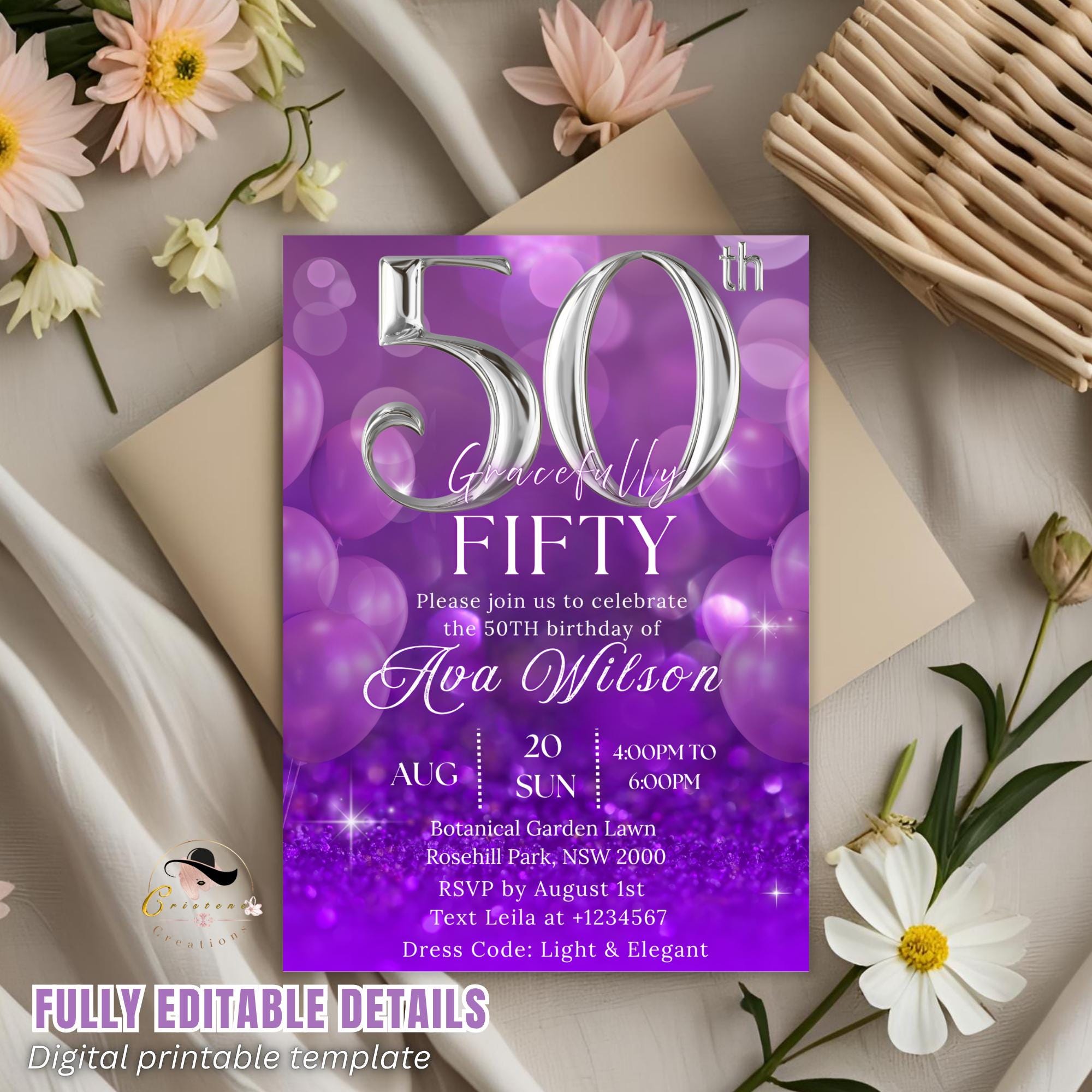 Digital 50th Birthday invitation Purple silver 50th birthday Dinner Party invite 50 and fabulous card printable fifty birthday template
