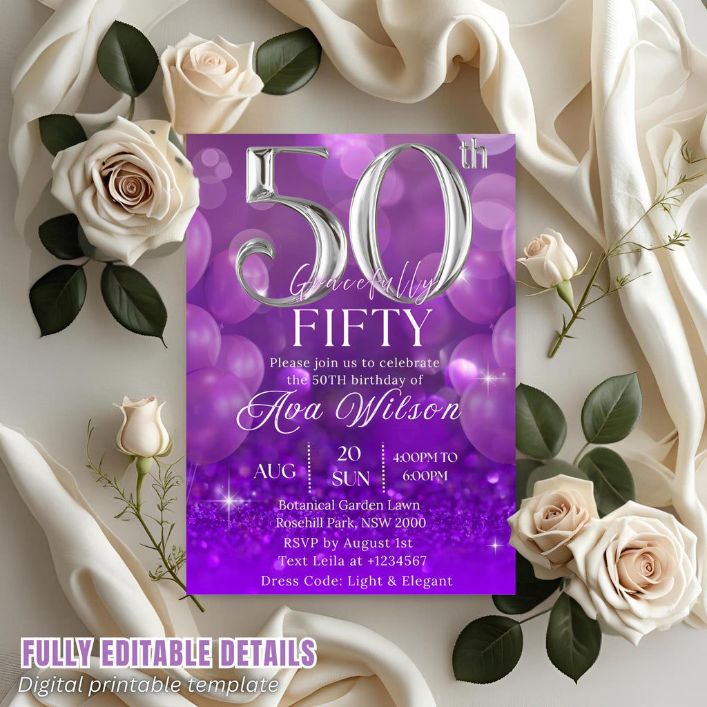 Digital 50th Birthday invitation Purple silver 50th birthday Dinner Party invite 50 and fabulous card printable fifty birthday template