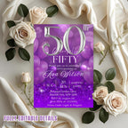 Digital 50th Birthday invitation Purple silver 50th birthday Dinner Party invite 50 and fabulous card printable fifty birthday template