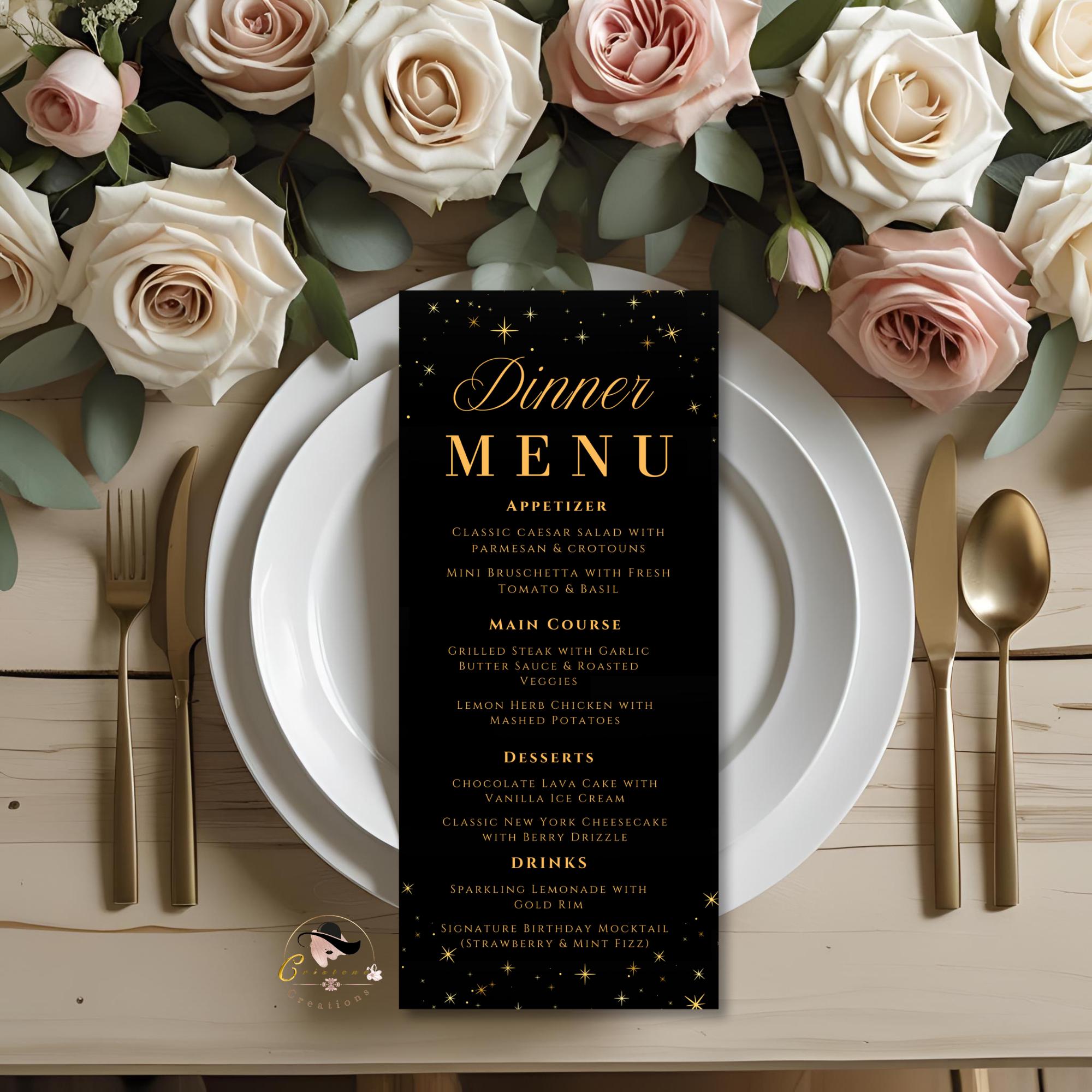Editable Dinner party Menu template Black gold Menu cards printable Birthday Dinner menu, Bachelorrete Menu Brunch Glittery Sparkle Menu