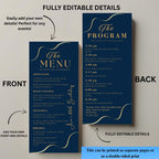 Editable Menu and Program Template Birthday party menu Retirement program card printable Navy Blue Dinner Menu Bridal Shower Event programme