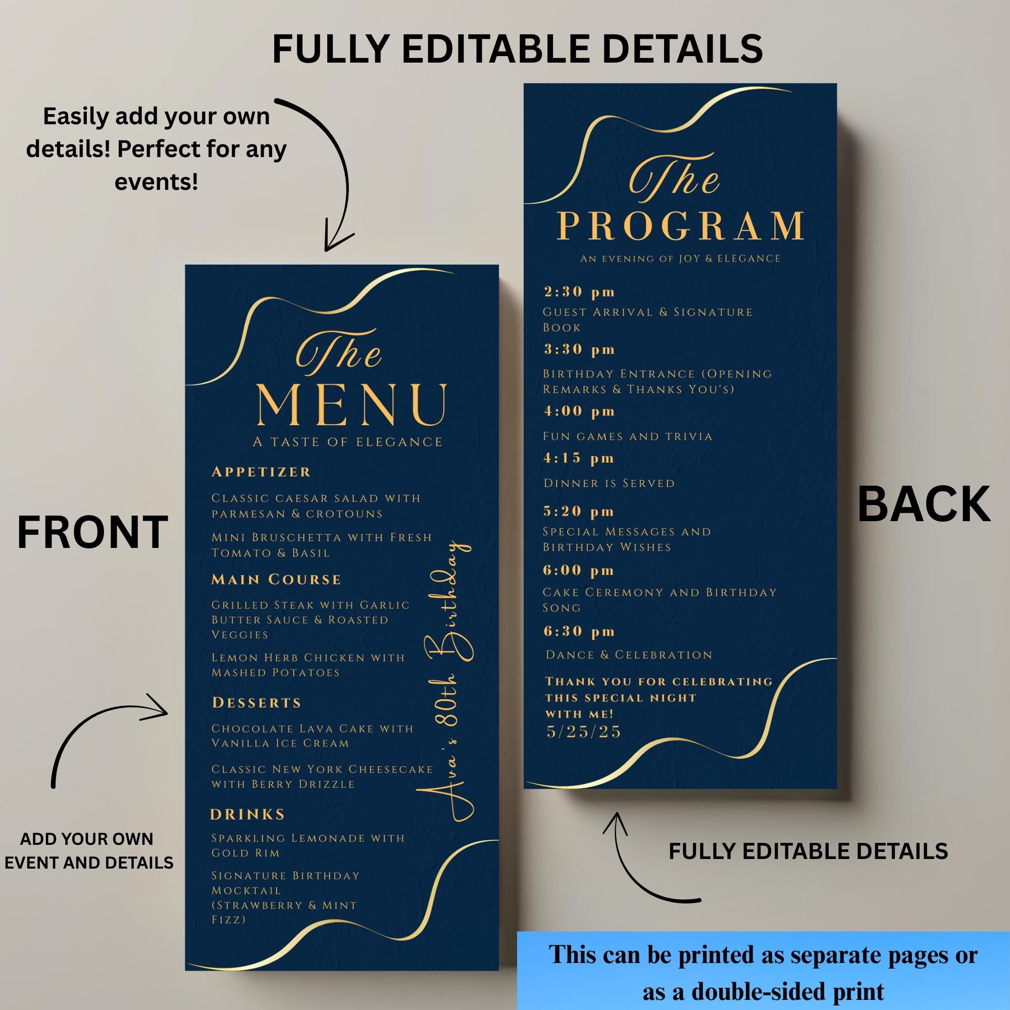 Editable Menu and Program Template Birthday party menu Retirement program card printable Navy Blue Dinner Menu Bridal Shower Event programme