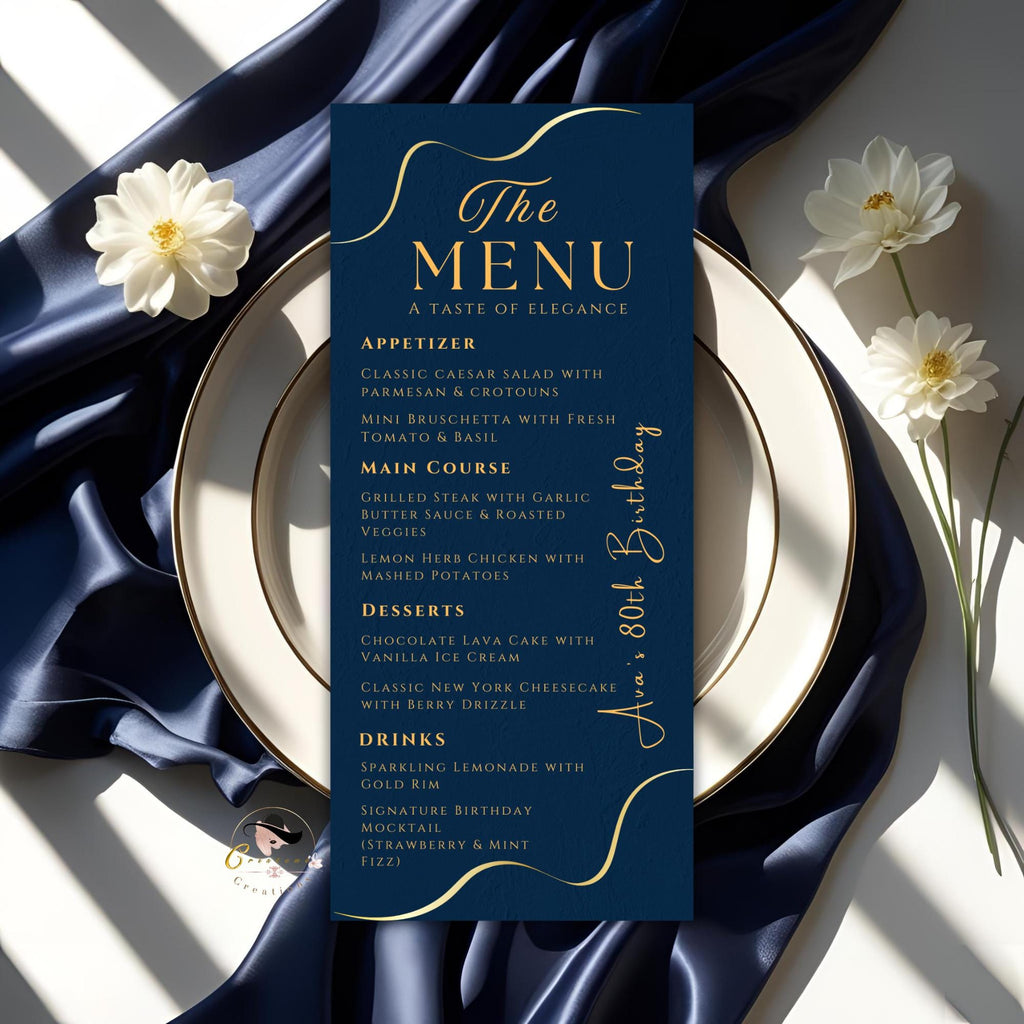 Editable Menu and Program Template Birthday party menu Retirement program card printable Navy Blue Dinner Menu Bridal Shower Event programme