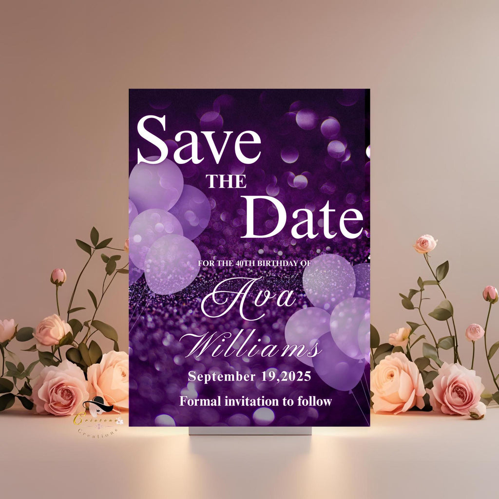 Purple Save the Date invitation Digital Birthday party invite Sweet 16 Save the Date card Printable Wedding Announcement Editable Template