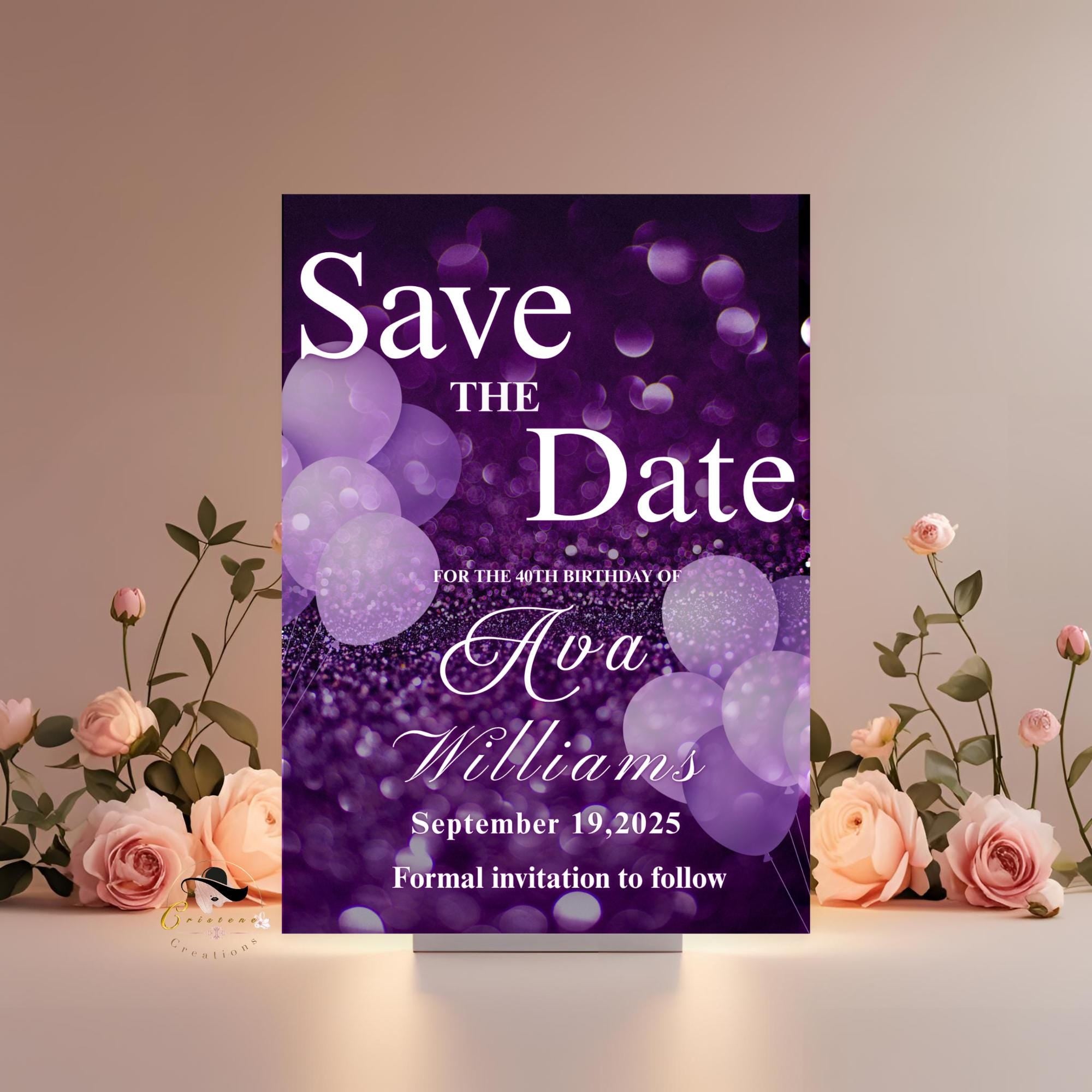 Purple Save the Date invitation Digital Birthday party invite Sweet 16 Save the Date card Printable Wedding Announcement Editable Template