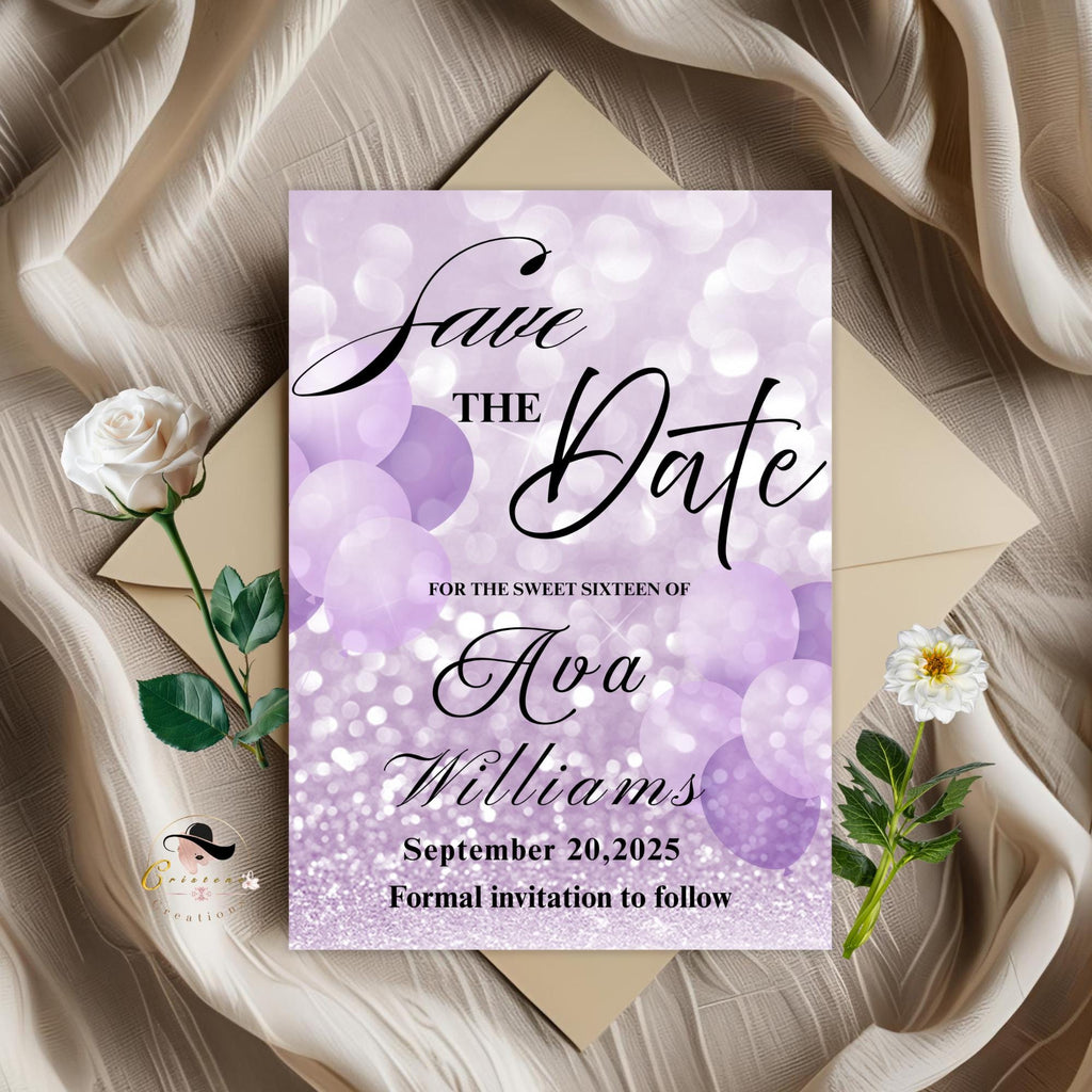 Purple Save the Date invitation Digital Birthday party invite Sweet 16 Save the Date card Printable Wedding Announcement Editable Template