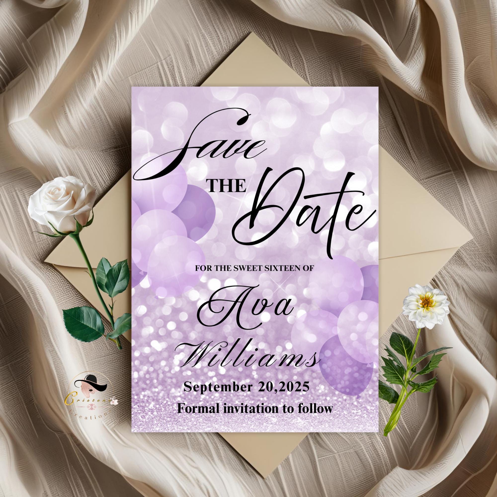 Purple Save the Date invitation Digital Birthday party invite Sweet 16 Save the Date card Printable Wedding Announcement Editable Template