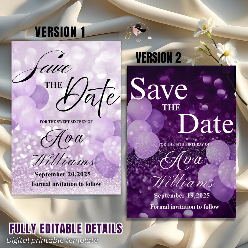 Purple Save the Date invitation Digital Birthday party invite Sweet 16 Save the Date card Printable Wedding Announcement Editable Template