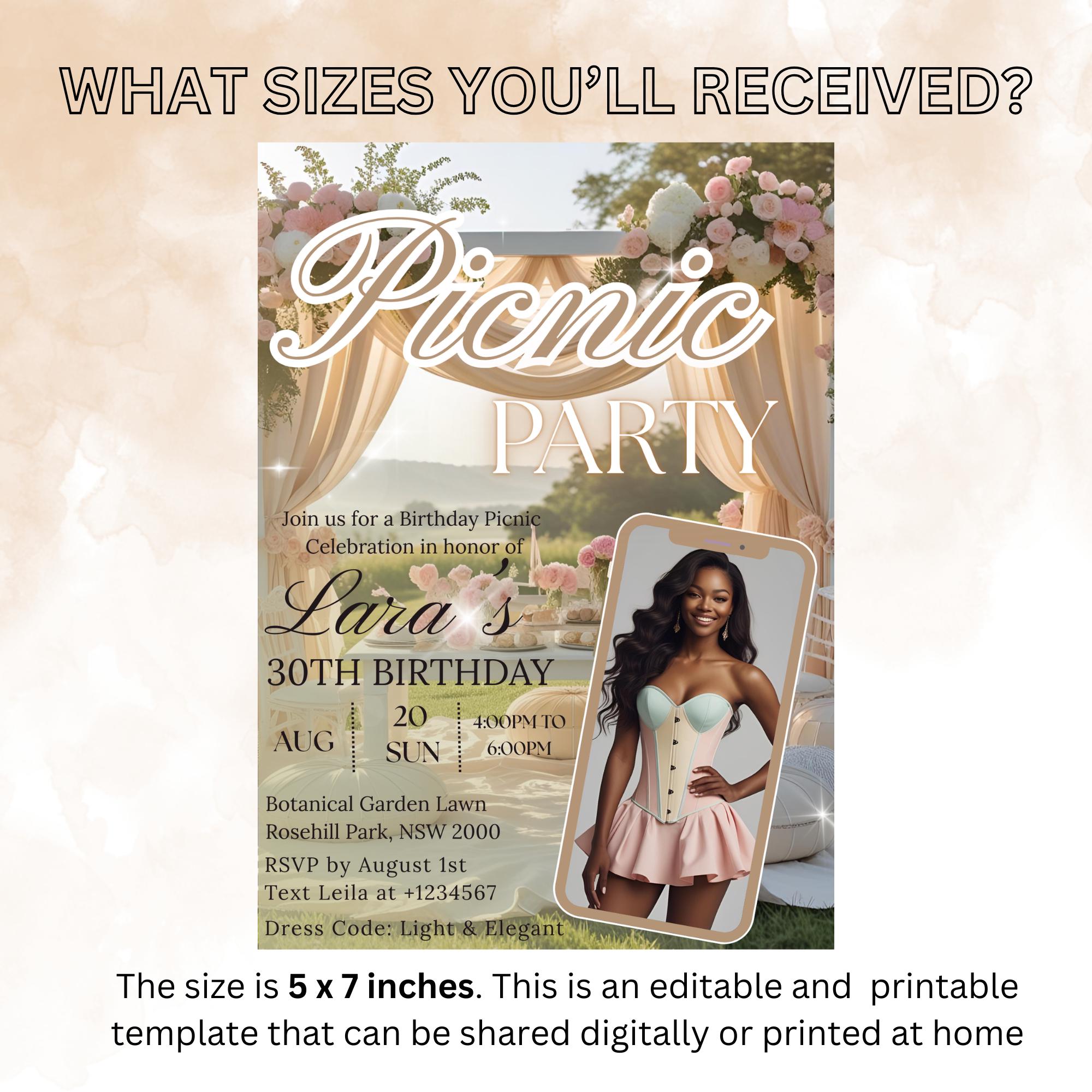 Editable Picnic Birthday invitation with photo, Bridal Shower picnic party invite, Picnic at the park reunion Outdoor Garden party Template