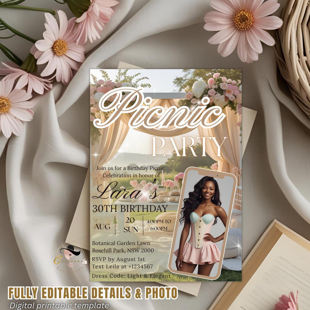 Editable Picnic Birthday invitation with photo, Bridal Shower picnic party invite, Picnic at the park reunion Outdoor Garden party Template