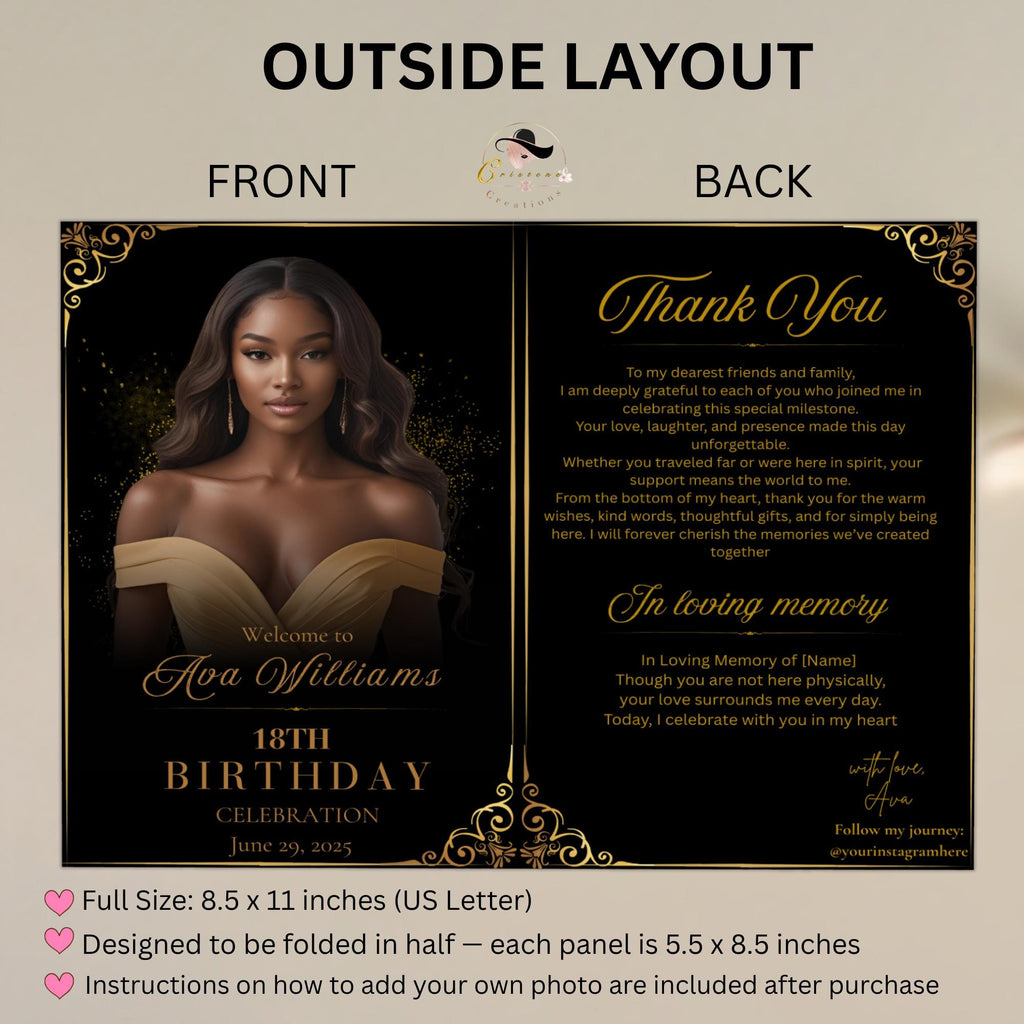 Birthday Program Template Black gold Bifold Program card printable with photo, Event Gala Programme Digital Retirement party program canva