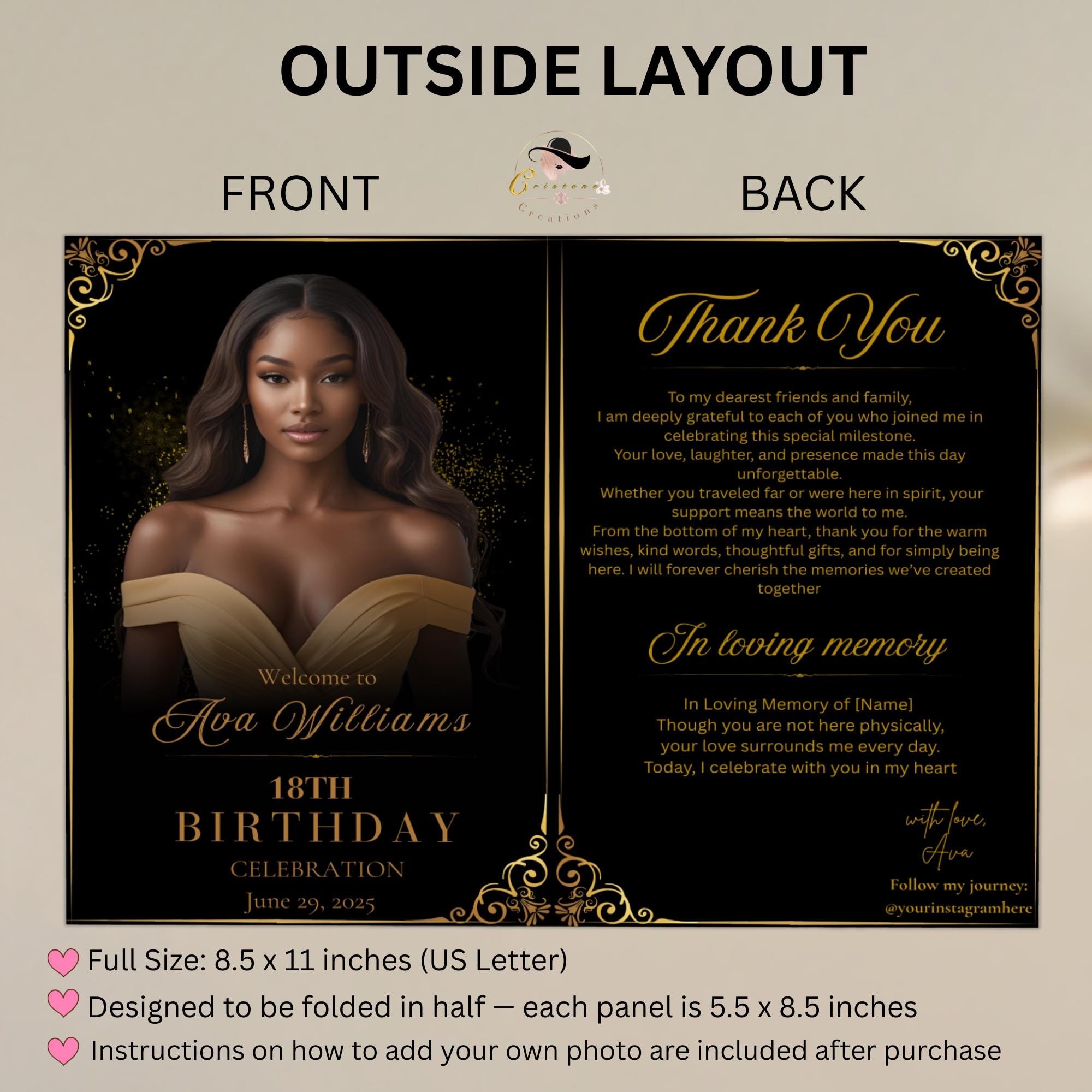 Birthday Program Template Black gold Bifold Program card printable with photo, Event Gala Programme Digital Retirement party program canva