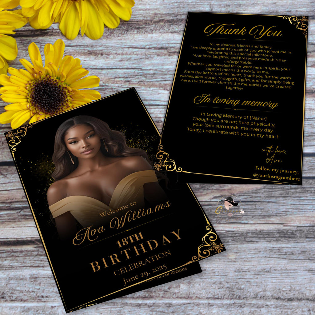 Birthday Program Template Black gold Bifold Program card printable with photo, Event Gala Programme Digital Retirement party program canva
