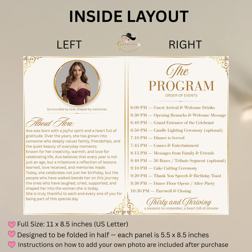 White gold Birthday Program Card Template, Bifold Retirement Party Program with photo, Elegant Order of Events, Printable Timeline Schedule