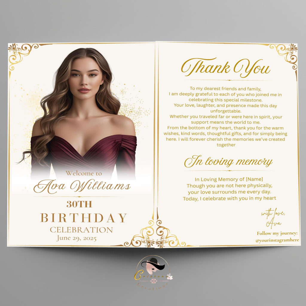 White gold Birthday Program Card Template, Bifold Retirement Party Program with photo, Elegant Order of Events, Printable Timeline Schedule