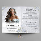 Birthday Program template White silver Bifold Program card with photo printable Event programme schedule Elegant program Wedding party