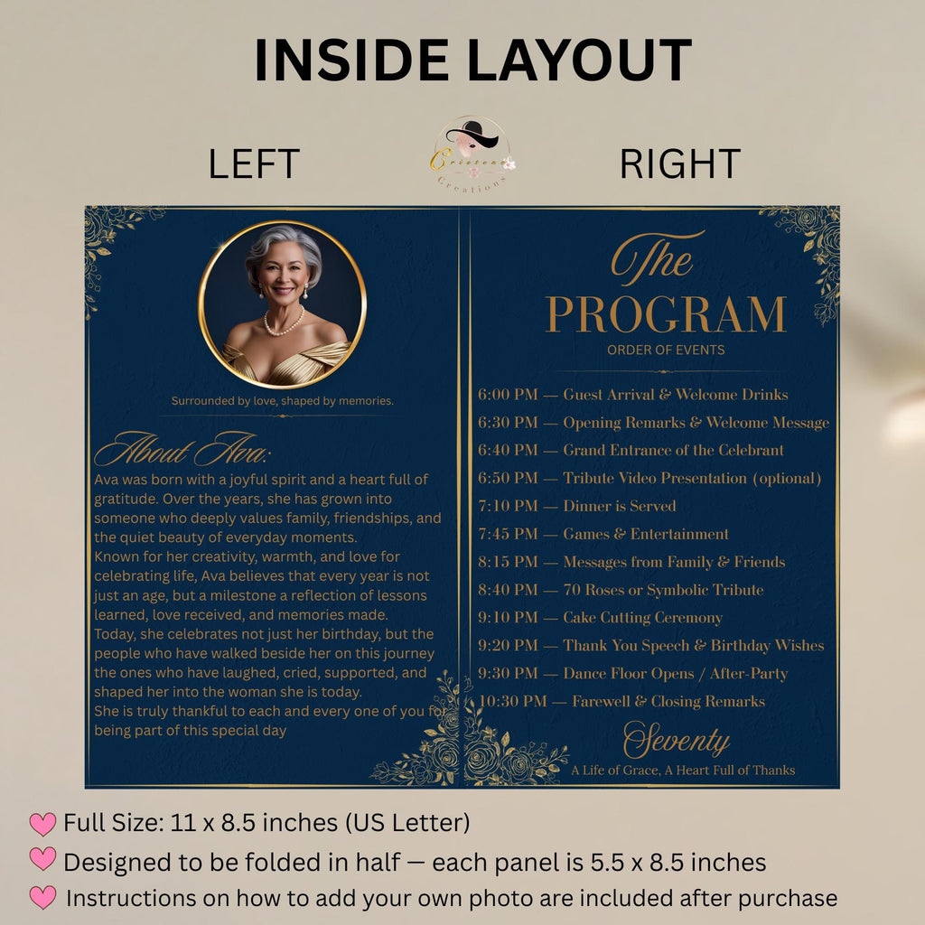 Editable Program Template Bifold 70th birthday party program card printable Navy Blue Retirement program woman, Family Reunion program party