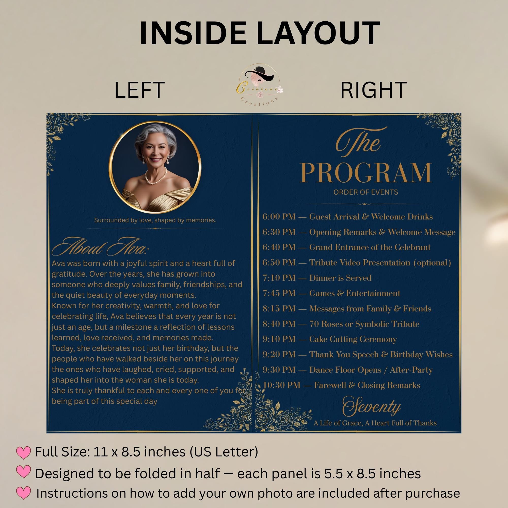 Editable Program Template Bifold 70th birthday party program card printable Navy Blue Retirement program woman, Family Reunion program party
