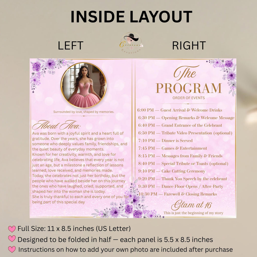 Birthday Program party template Pink Quinceanera Program Rose gold Sweet Sixteen Program card printable with photo Event programme Bifold