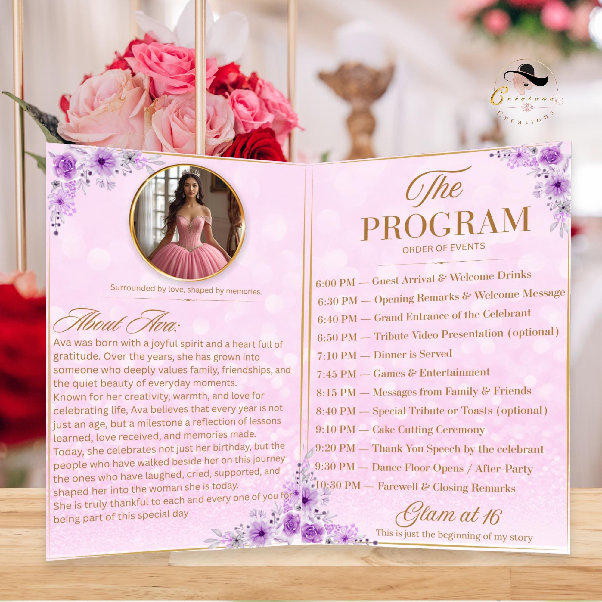 Birthday Program party template Pink Quinceanera Program Rose gold Sweet Sixteen Program card printable with photo Event programme Bifold