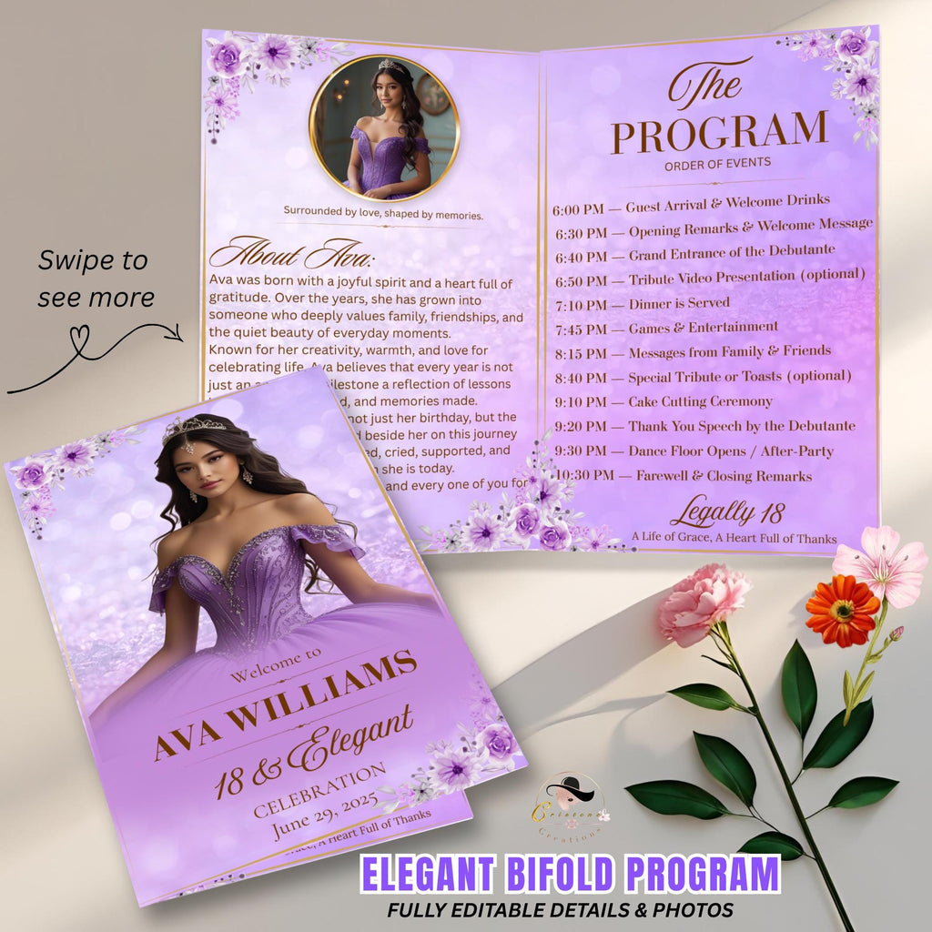 Purple Program template Birthday party program card Bifold Quinceanera Program with photo Retirement program printable Anniversary Programme