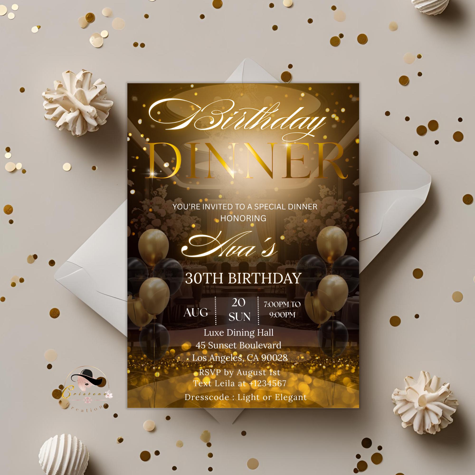 Digital Birthday Dinner Invitation Black gold Glam Dinner party invite Luxury Formal Dinner card woman, Editable Anniversary Dinner Template