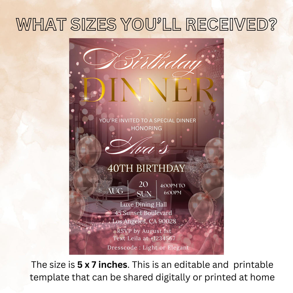 Editable Birthday Dinner Invitation Pink Rose Gold Digital Dinner Party invite Luxury Birthday Dinner card Template Glam Dinner party flyer