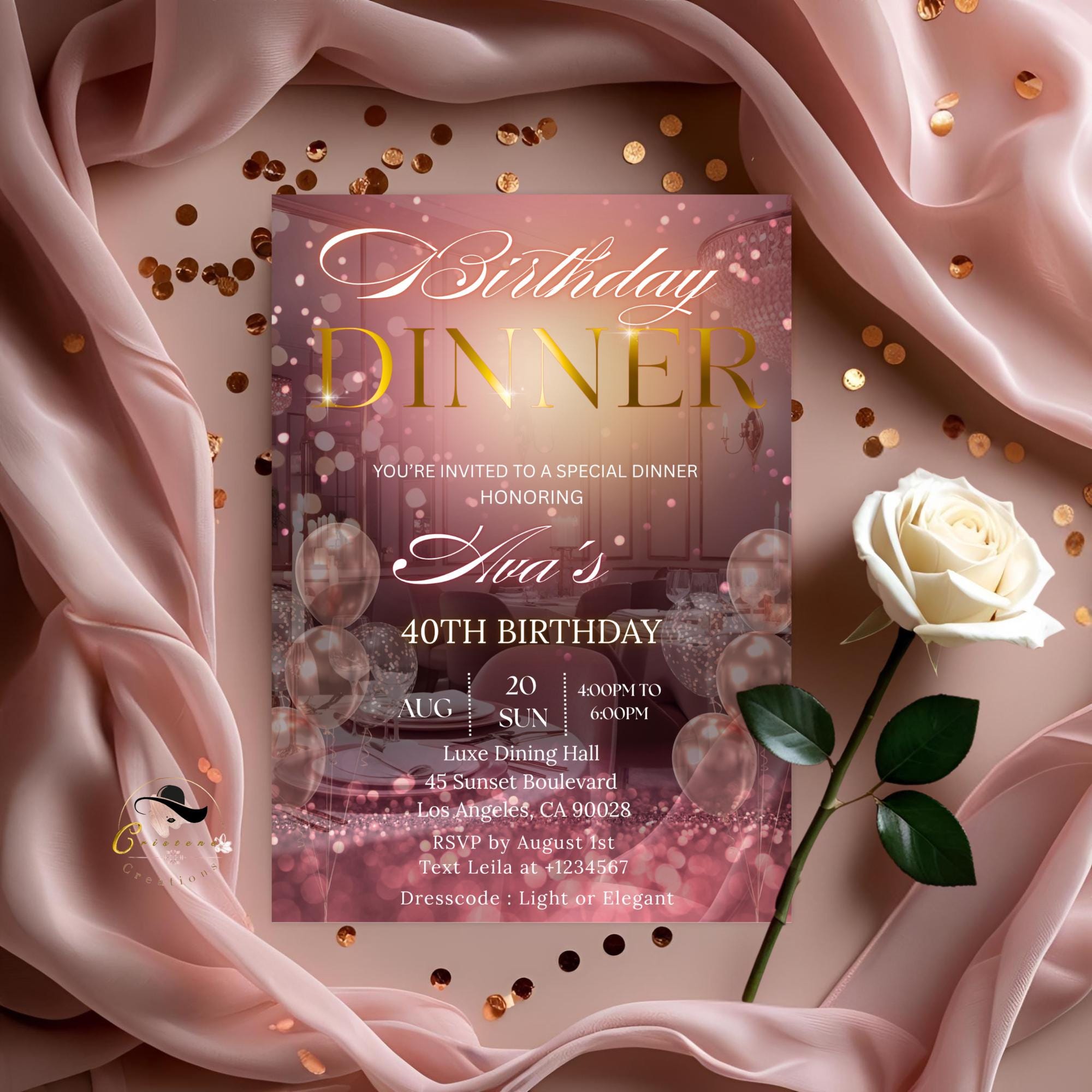 Editable Birthday Dinner Invitation Pink Rose Gold Digital Dinner Party invite Luxury Birthday Dinner card Template Glam Dinner party flyer