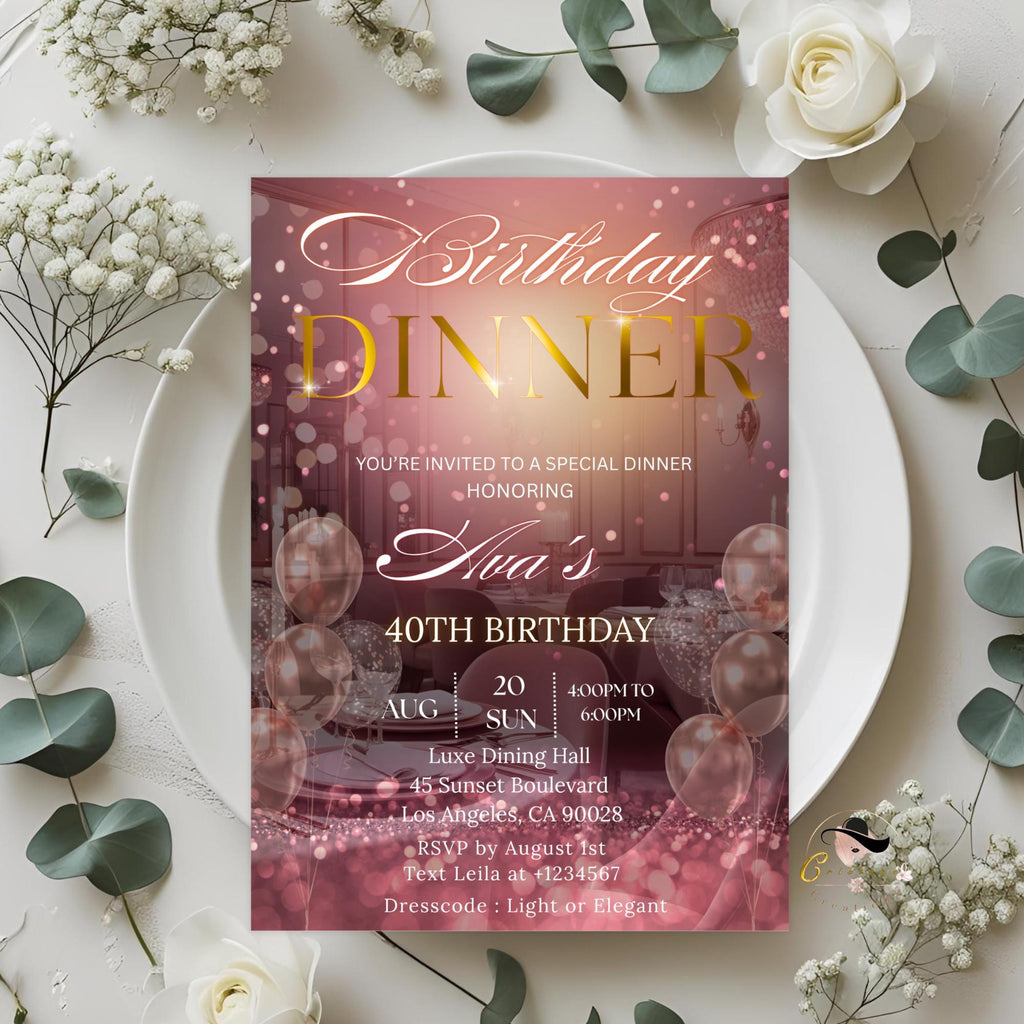 Editable Birthday Dinner Invitation Pink Rose Gold Digital Dinner Party invite Luxury Birthday Dinner card Template Glam Dinner party flyer