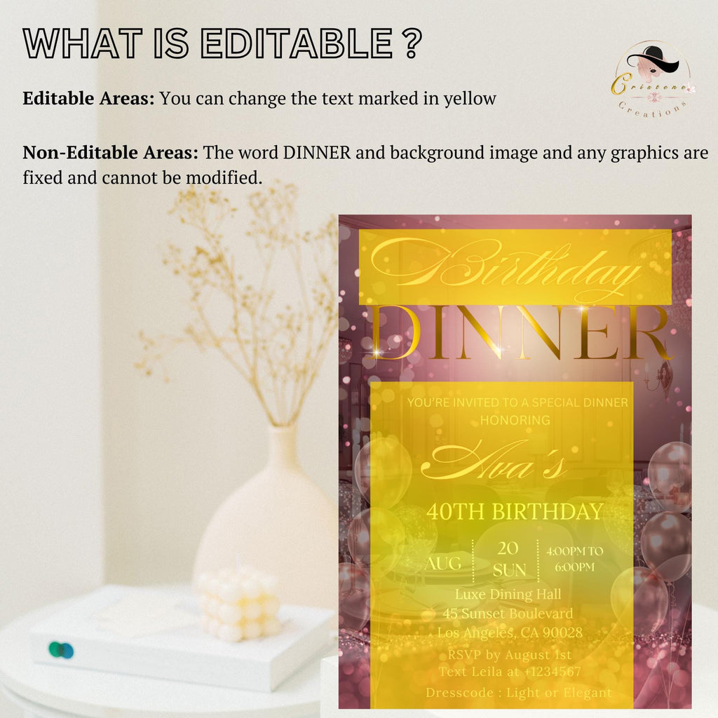 Editable Birthday Dinner Invitation Pink Rose Gold Digital Dinner Party invite Luxury Birthday Dinner card Template Glam Dinner party flyer